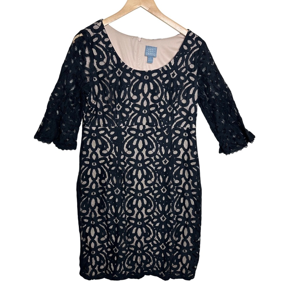 Rabbit Rabbit Lace Overlay 3/4 Sleeve Dress size Large Black/Tan
